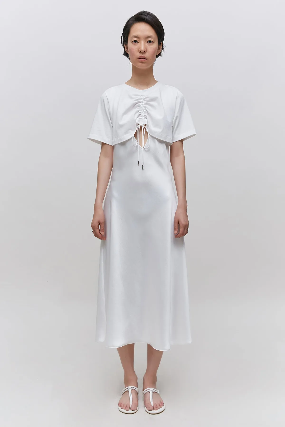 Overlayered ruched cotton jersey and satin midi dress