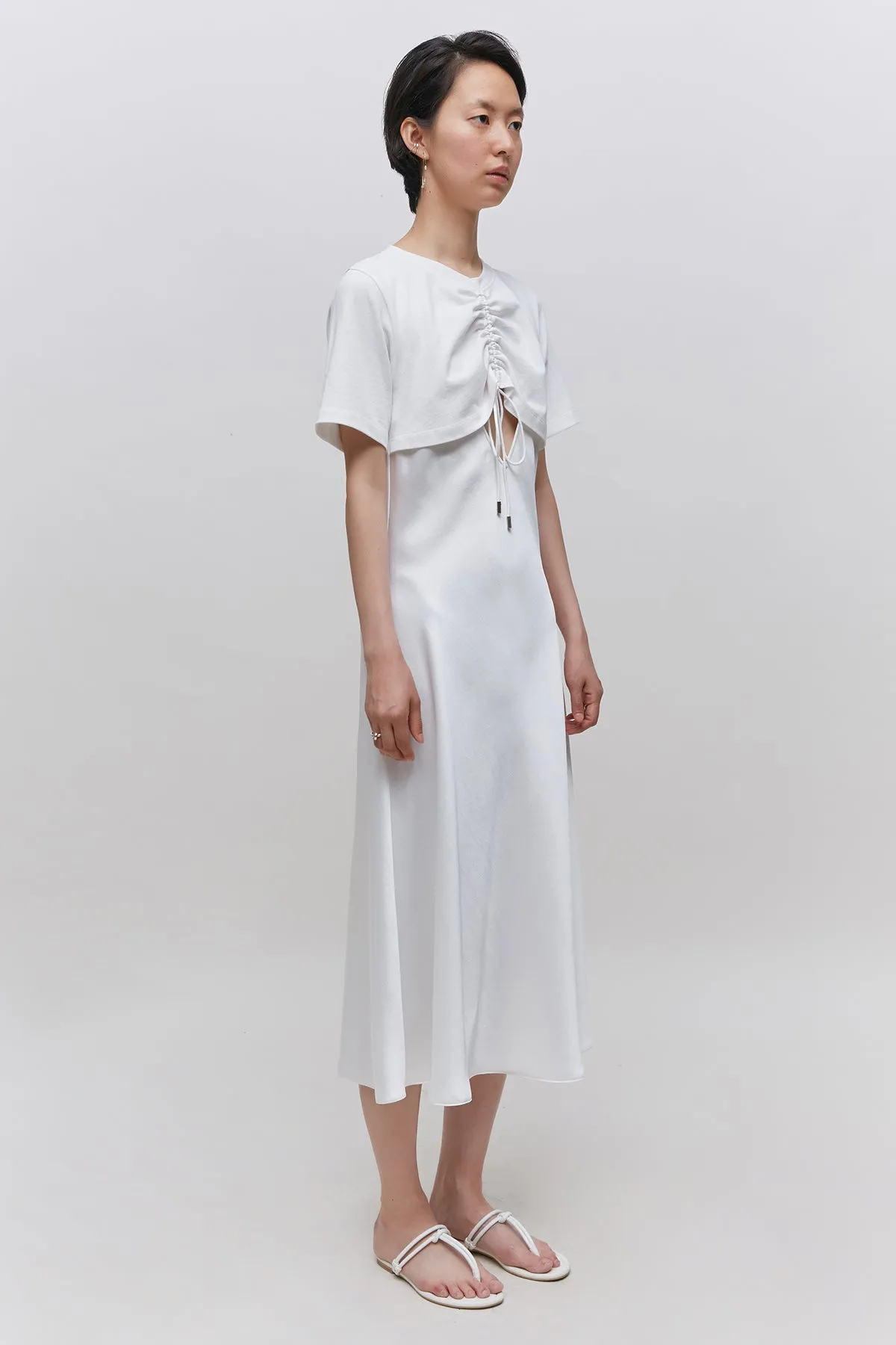 Overlayered ruched cotton jersey and satin midi dress