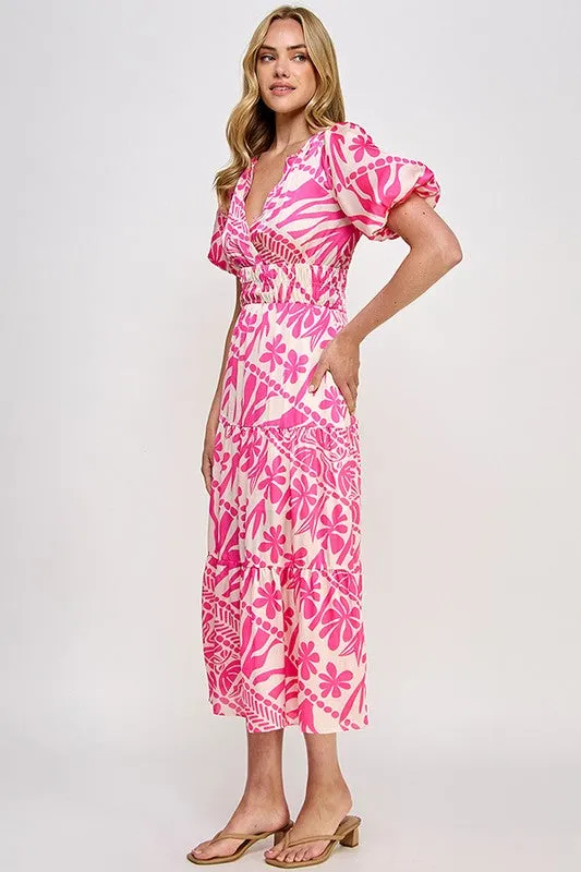 Pink Abstract Print Midi Dress