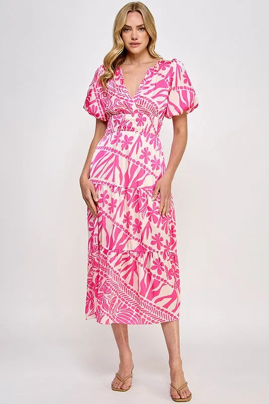 Pink Abstract Print Midi Dress