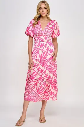 Pink Abstract Print Midi Dress