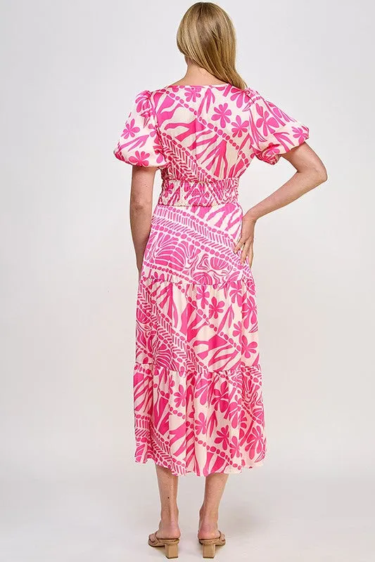 Pink Abstract Print Midi Dress