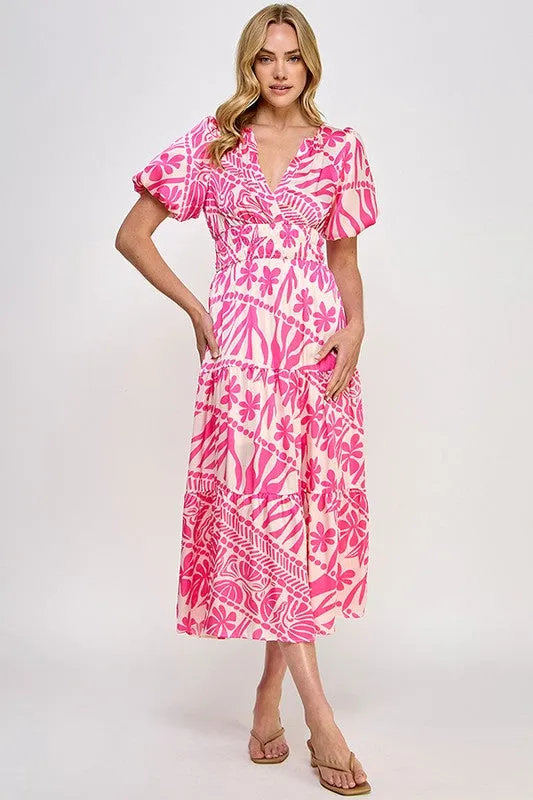 Pink Abstract Print Midi Dress