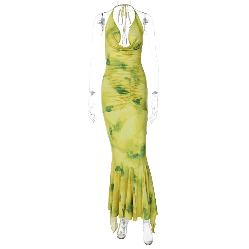 Print Ruched Backless Halter Maxi Dress