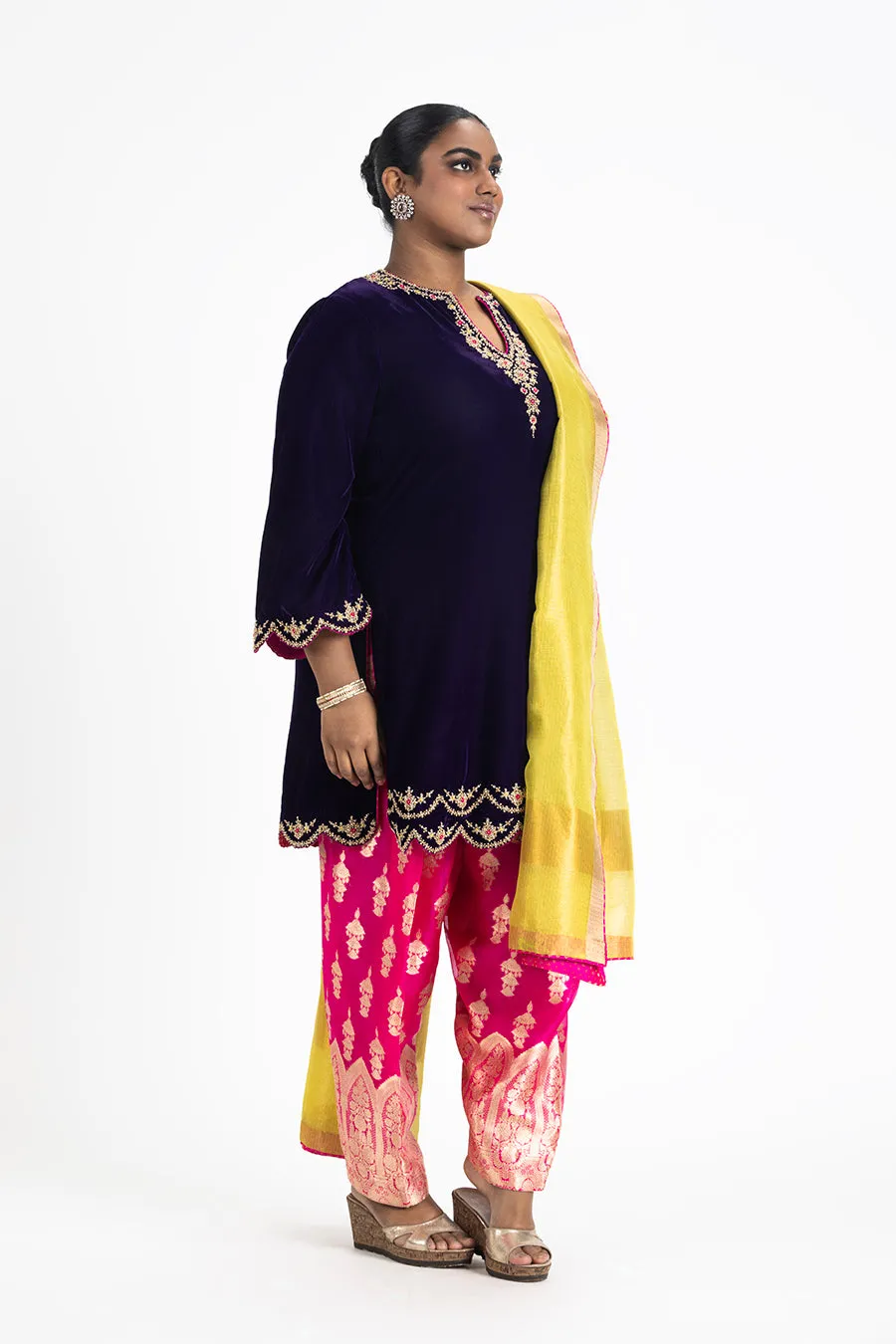 PURPLE VELVET KURTA FUSCHIA BROCADE SALWAR LIME DUPATTA SET