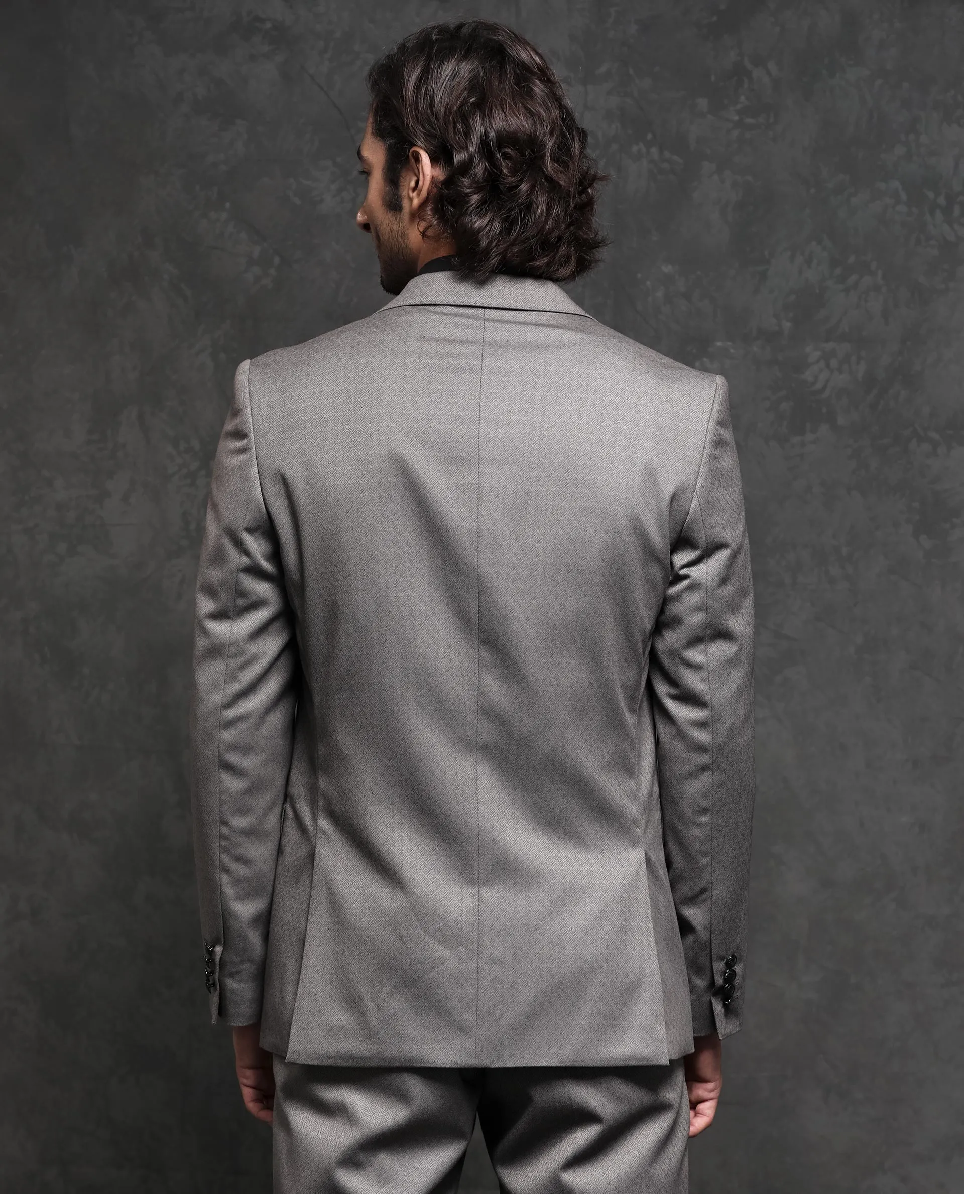 Rare Rabbit Men's Dexter Grey Polyester Viscose Fabric Notch Lapel Button Closure Single Breasted Jacquard Suits
