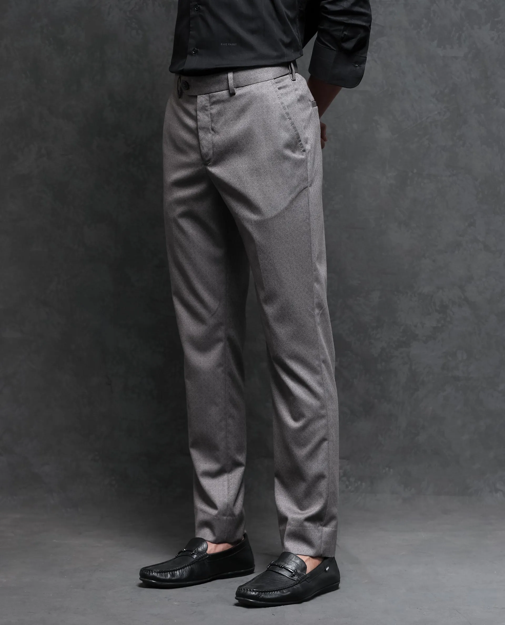 Rare Rabbit Men's Dexter Grey Polyester Viscose Fabric Notch Lapel Button Closure Single Breasted Jacquard Suits