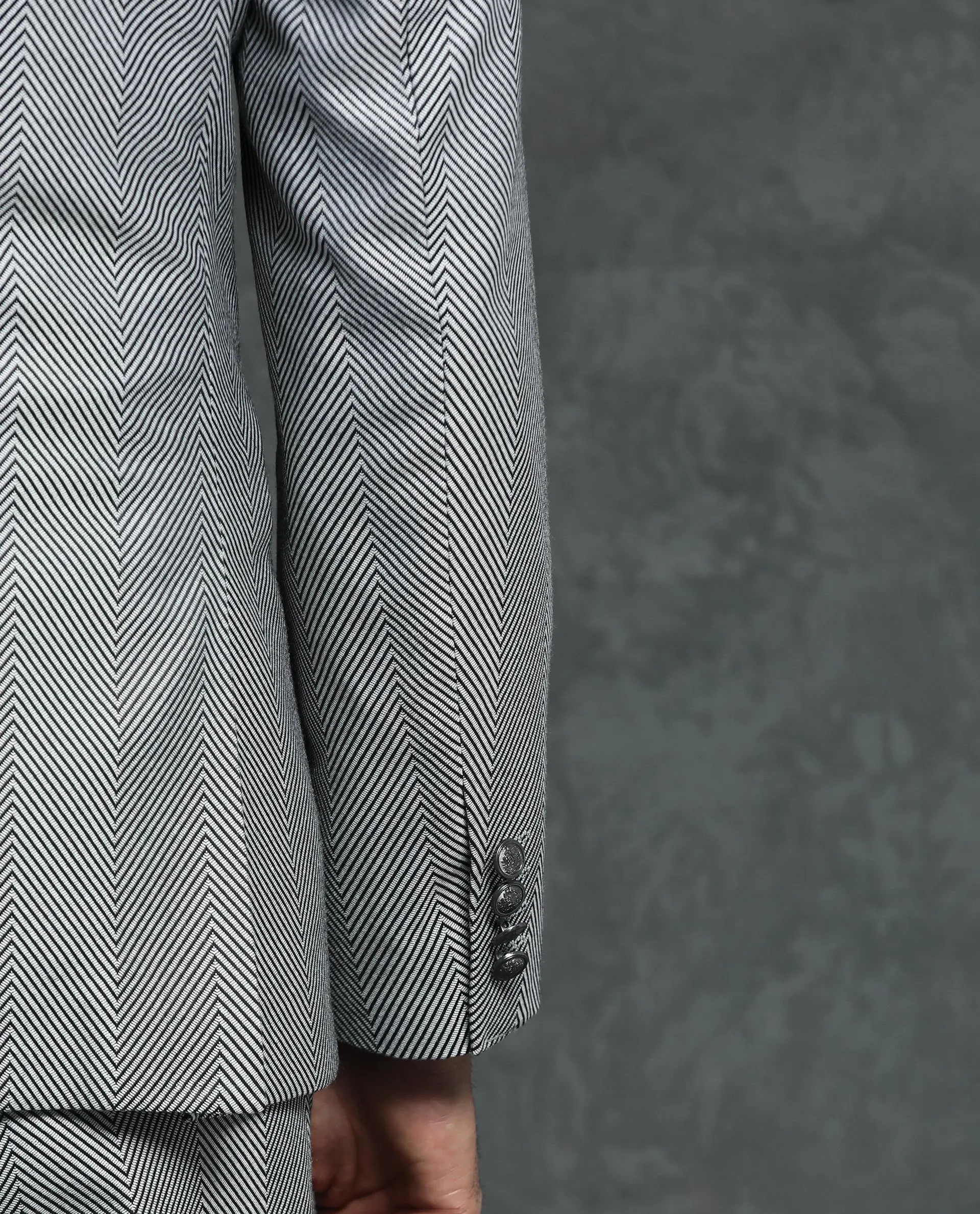 Rare Rabbit Men's Sierres Light Grey Polyester Viscose Fabric Peak Lapel Button Closure Double Breasted Herringbone Suits