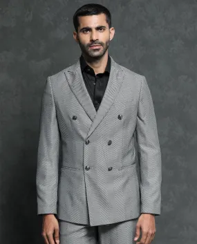 Rare Rabbit Men's Sierres Light Grey Polyester Viscose Fabric Peak Lapel Button Closure Double Breasted Herringbone Suits