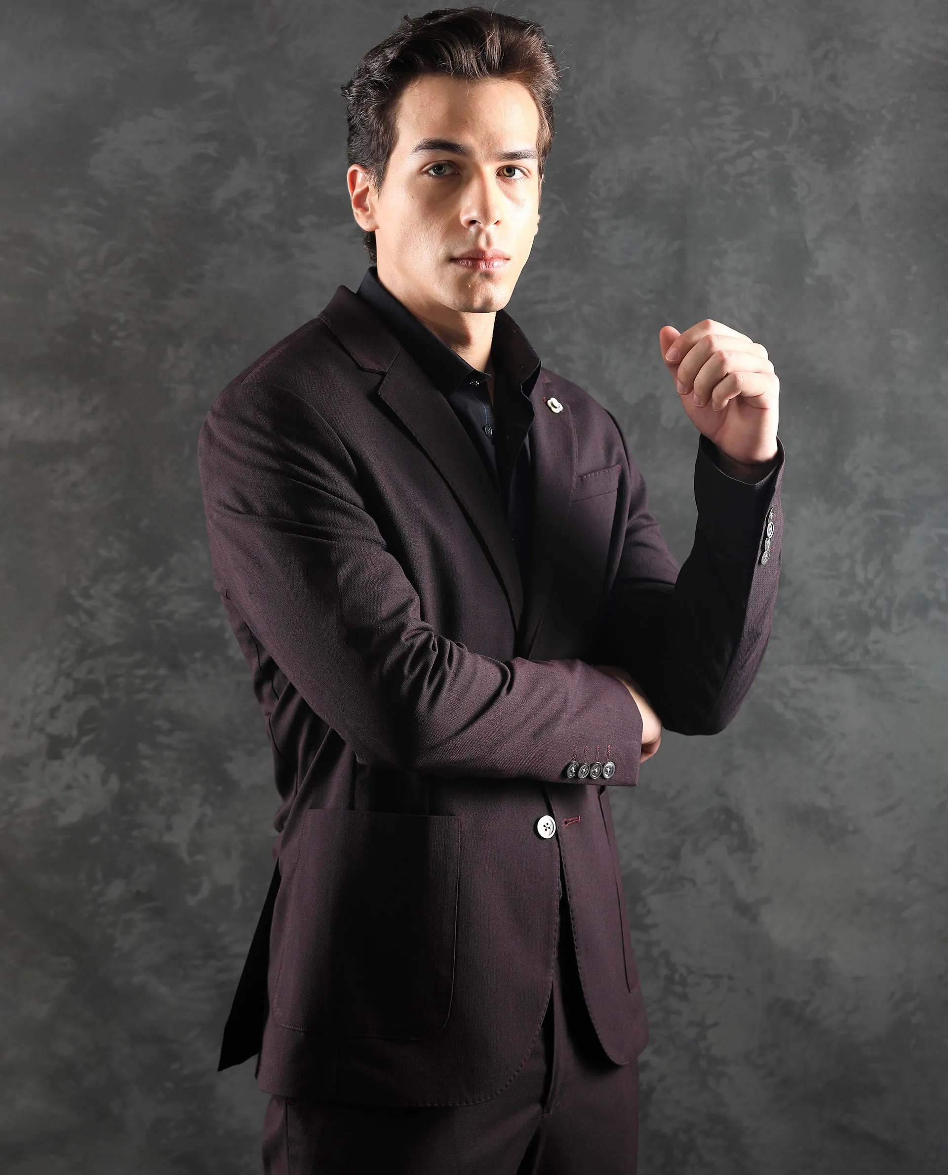 Rare Rabbit Men's Zanza Maroon Polyester Viscose Fabric Notch Lapel Button Closure Single Breasted Textured Suits