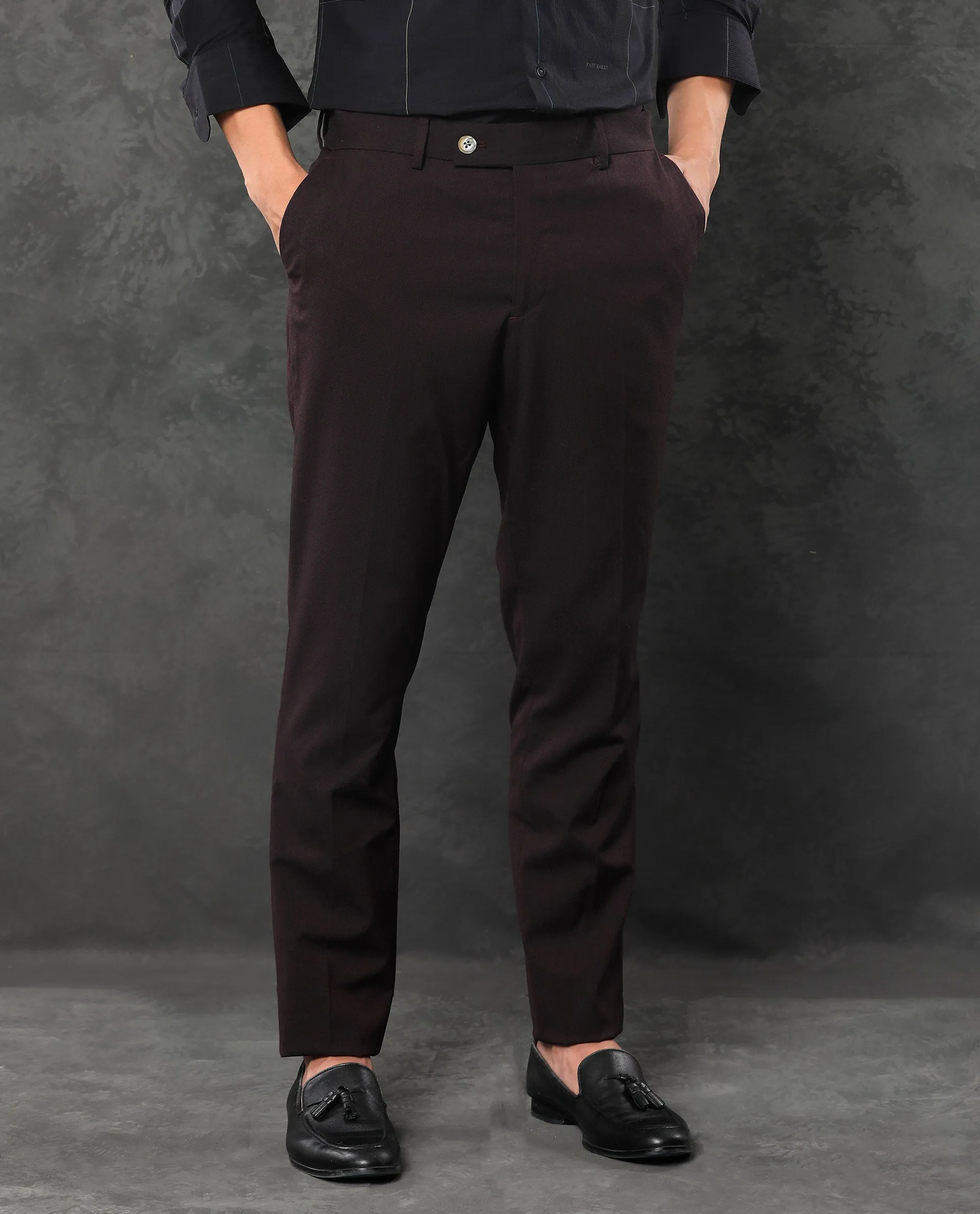 Rare Rabbit Men's Zanza Maroon Polyester Viscose Fabric Notch Lapel Button Closure Single Breasted Textured Suits