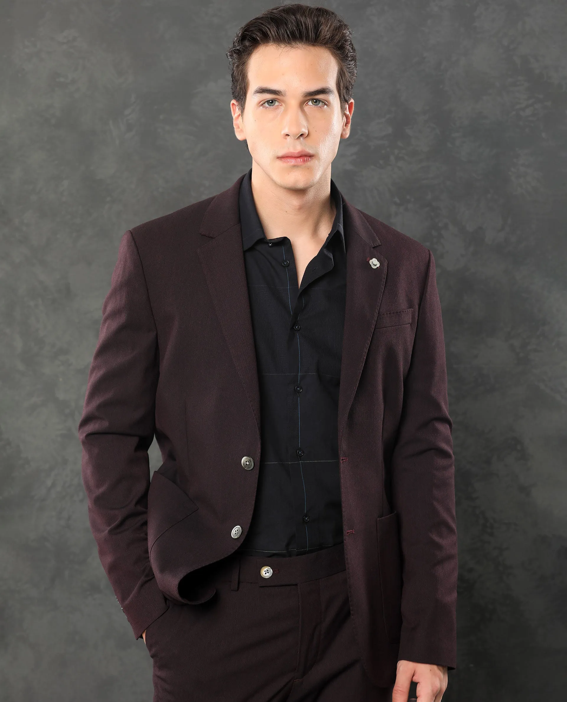Rare Rabbit Men's Zanza Maroon Polyester Viscose Fabric Notch Lapel Button Closure Single Breasted Textured Suits