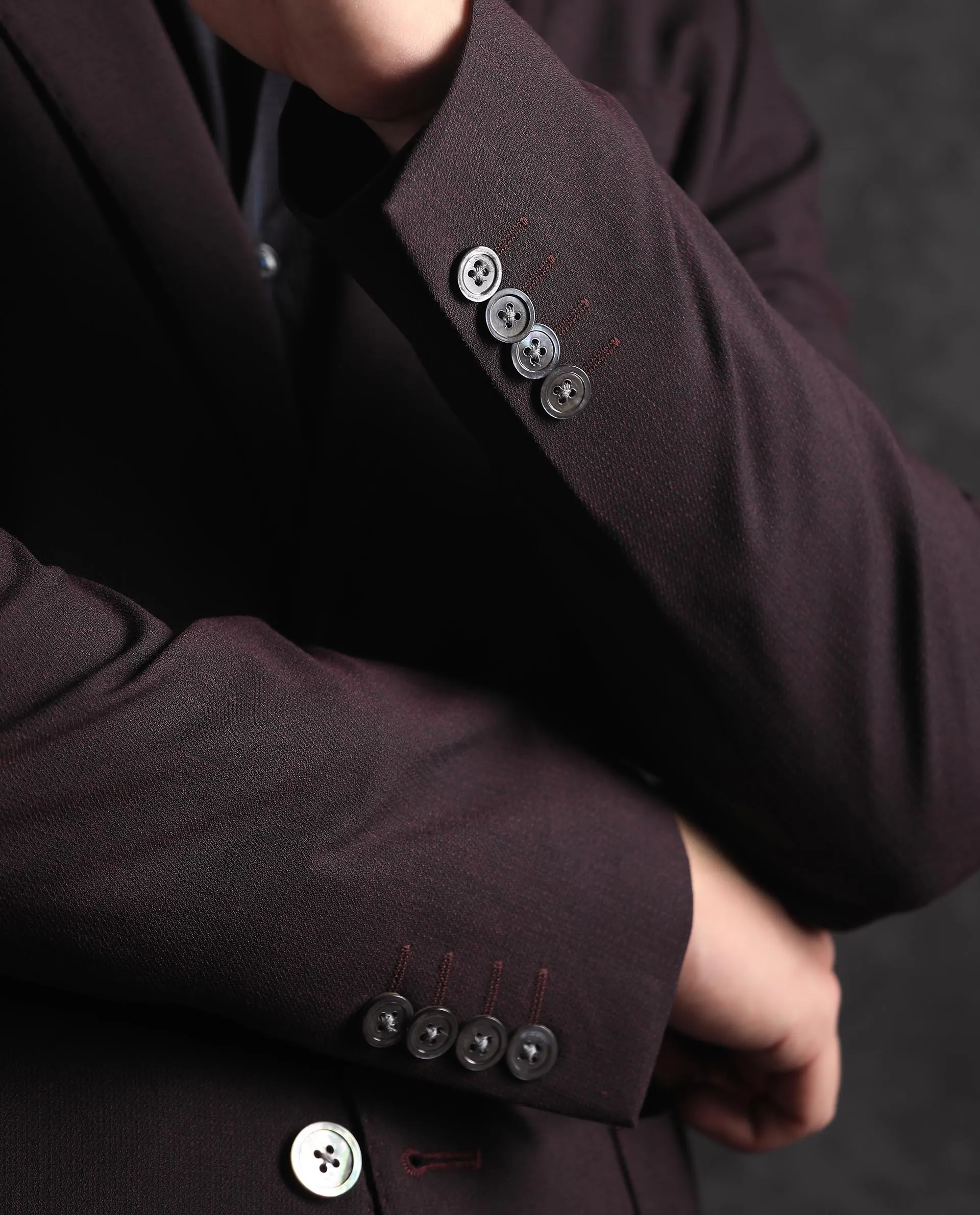 Rare Rabbit Men's Zanza Maroon Polyester Viscose Fabric Notch Lapel Button Closure Single Breasted Textured Suits