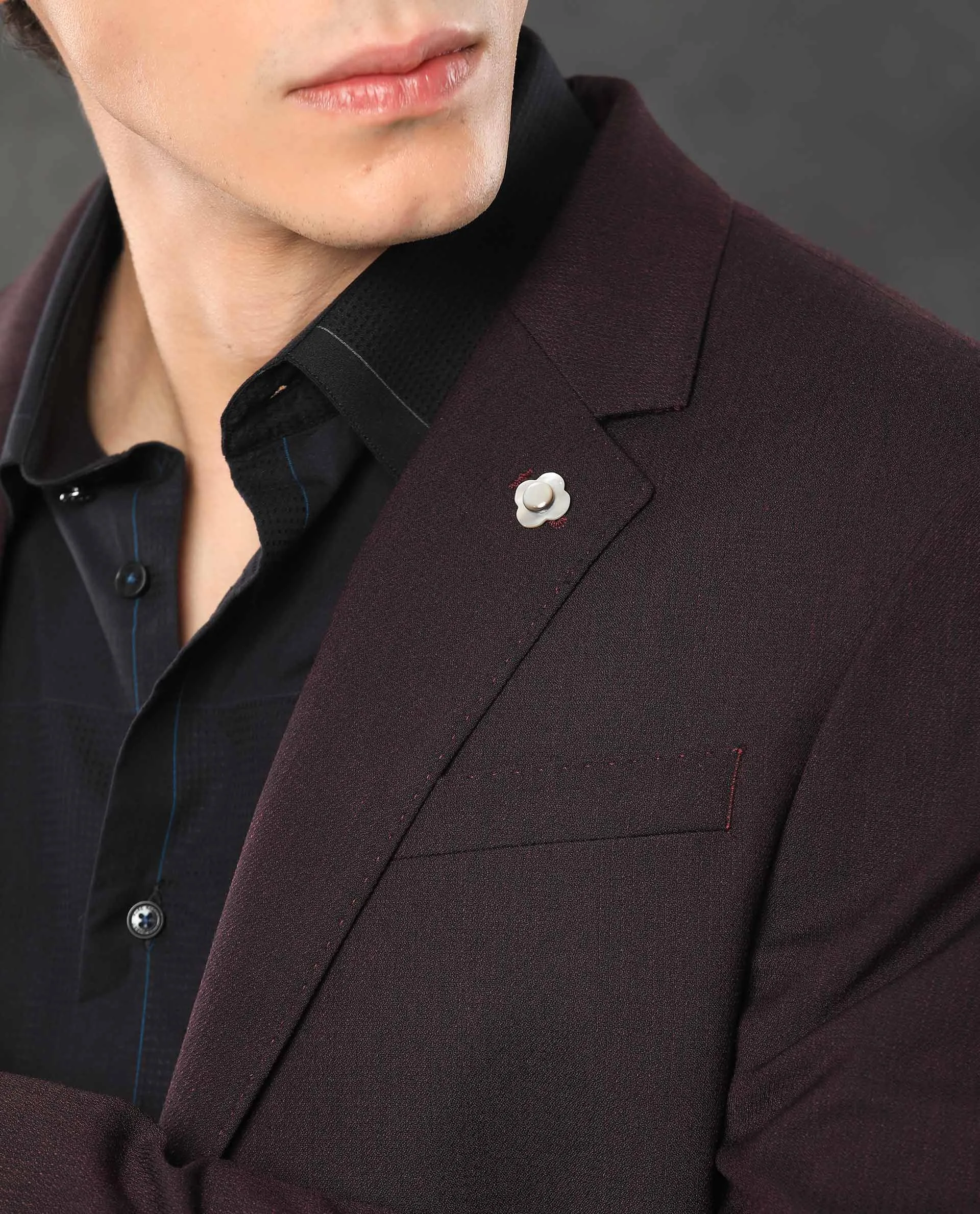 Rare Rabbit Men's Zanza Maroon Polyester Viscose Fabric Notch Lapel Button Closure Single Breasted Textured Suits