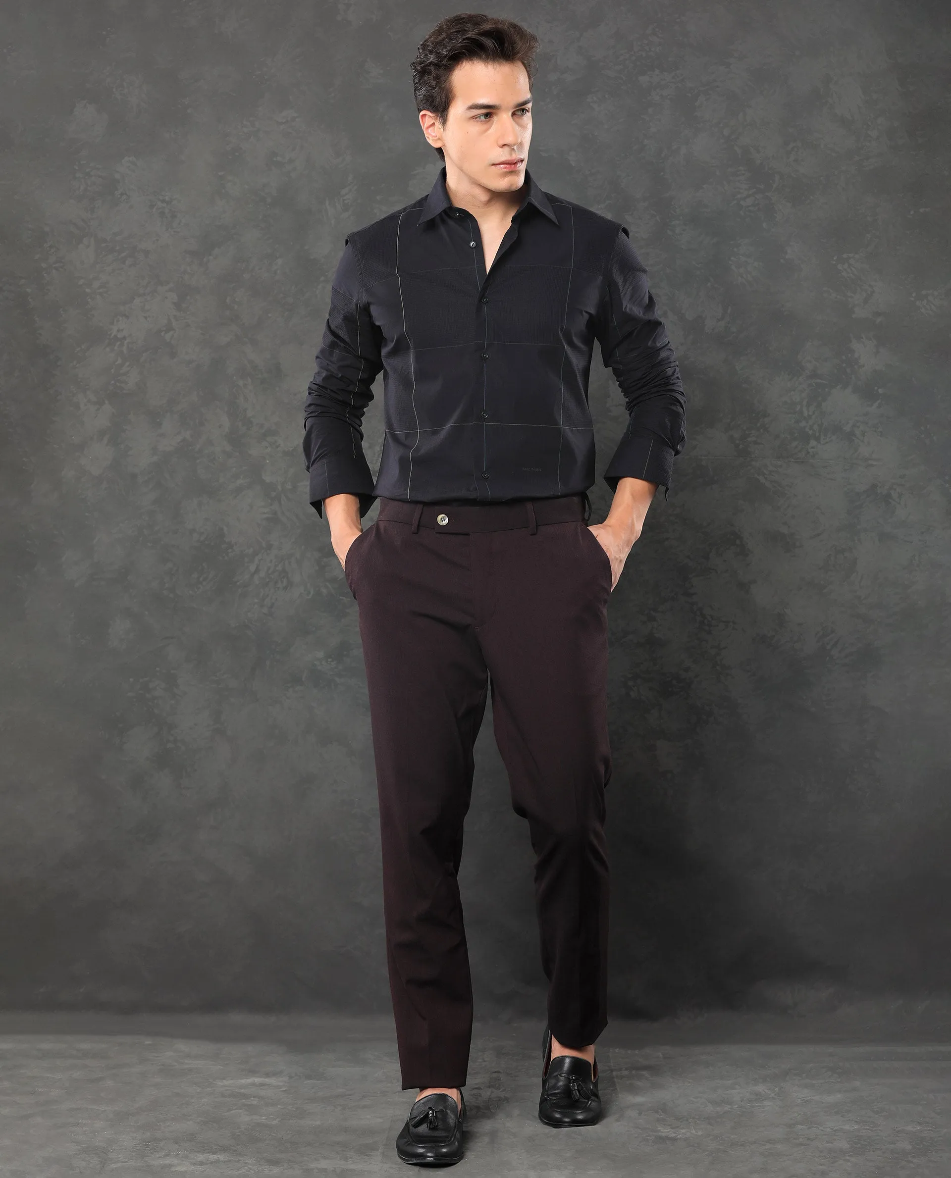 Rare Rabbit Men's Zanza Maroon Polyester Viscose Fabric Notch Lapel Button Closure Single Breasted Textured Suits