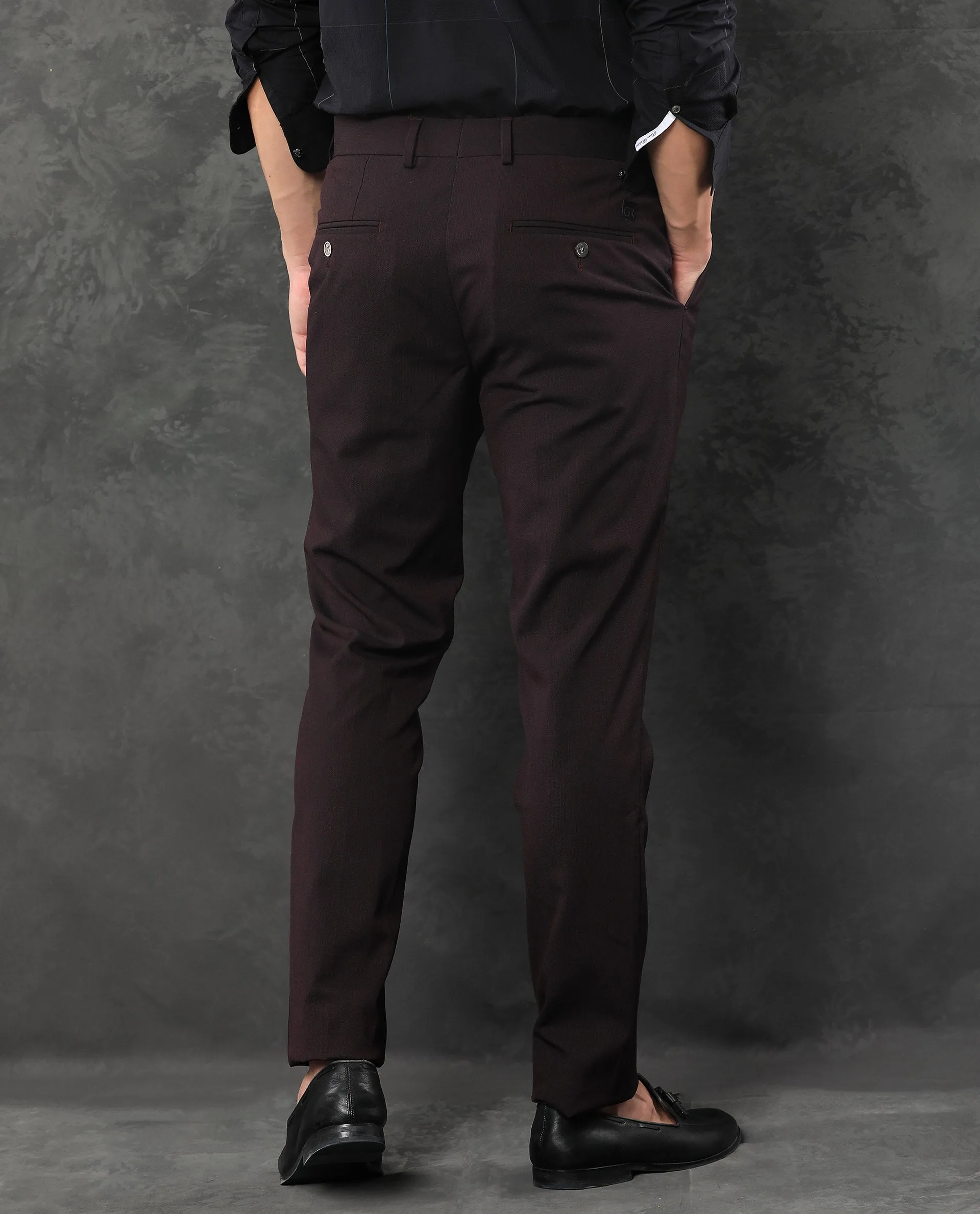 Rare Rabbit Men's Zanza Maroon Polyester Viscose Fabric Notch Lapel Button Closure Single Breasted Textured Suits