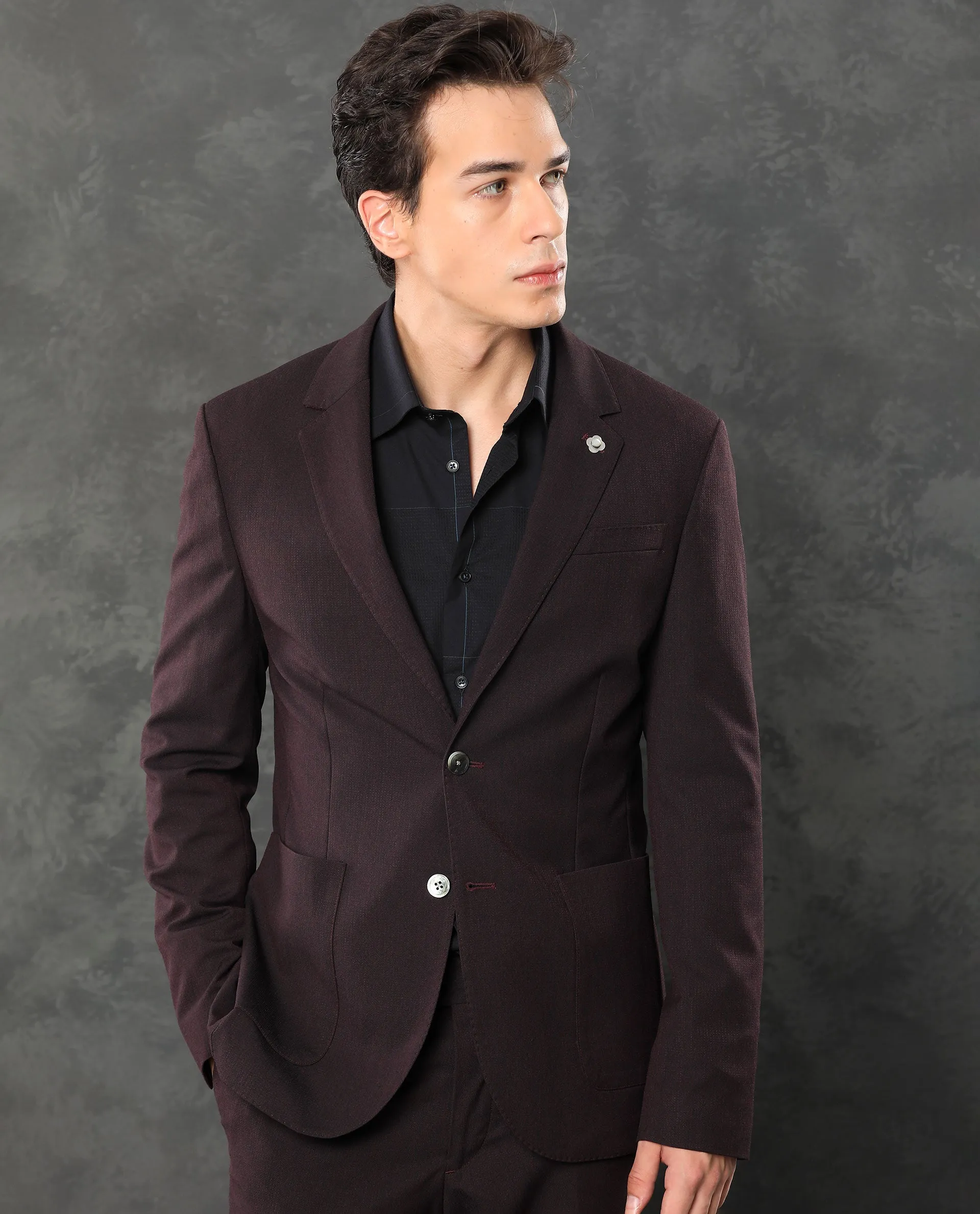 Rare Rabbit Men's Zanza Maroon Polyester Viscose Fabric Notch Lapel Button Closure Single Breasted Textured Suits