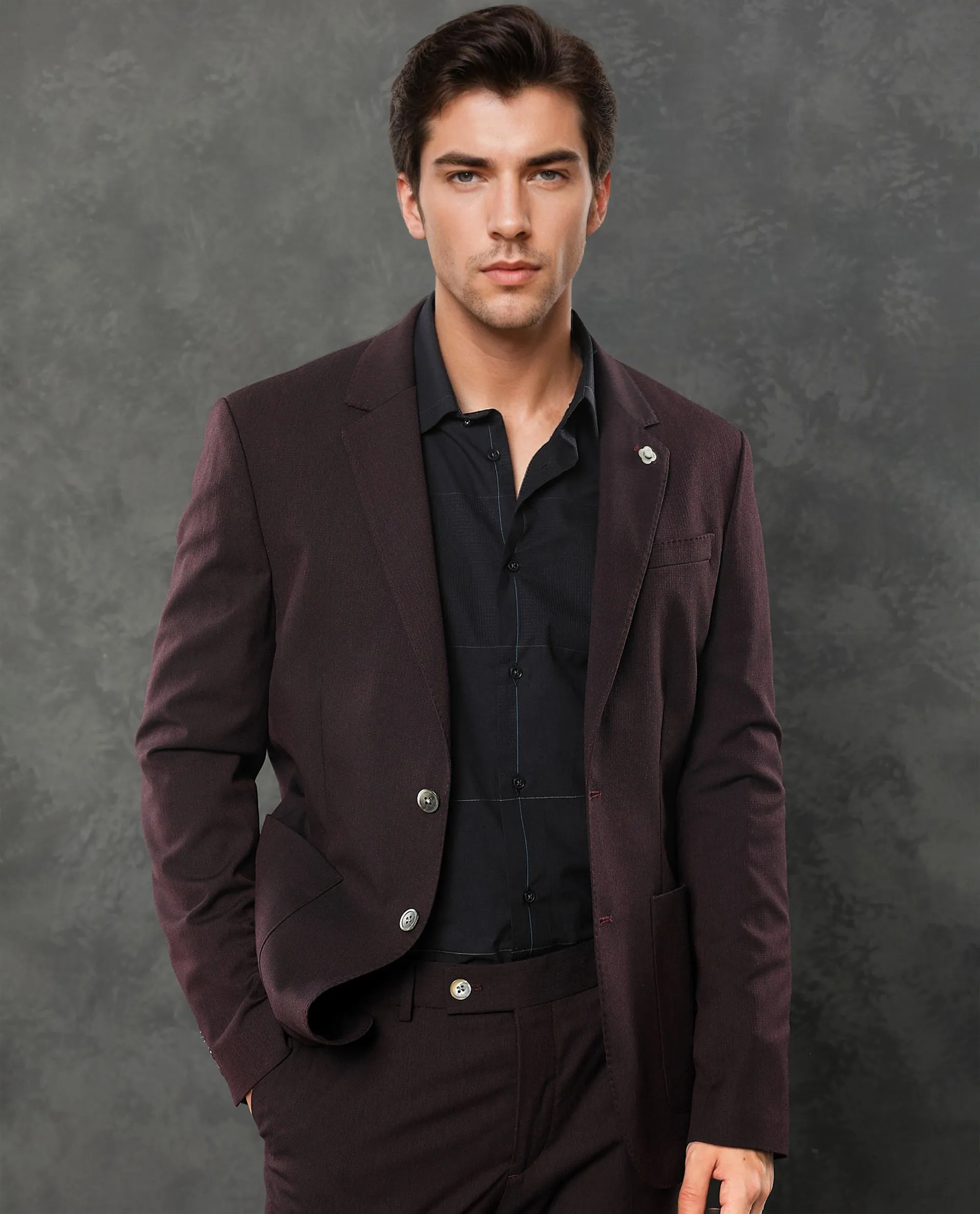 Rare Rabbit Men's Zanza Maroon Polyester Viscose Fabric Notch Lapel Button Closure Single Breasted Textured Suits