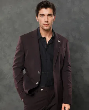 Rare Rabbit Men's Zanza Maroon Polyester Viscose Fabric Notch Lapel Button Closure Single Breasted Textured Suits