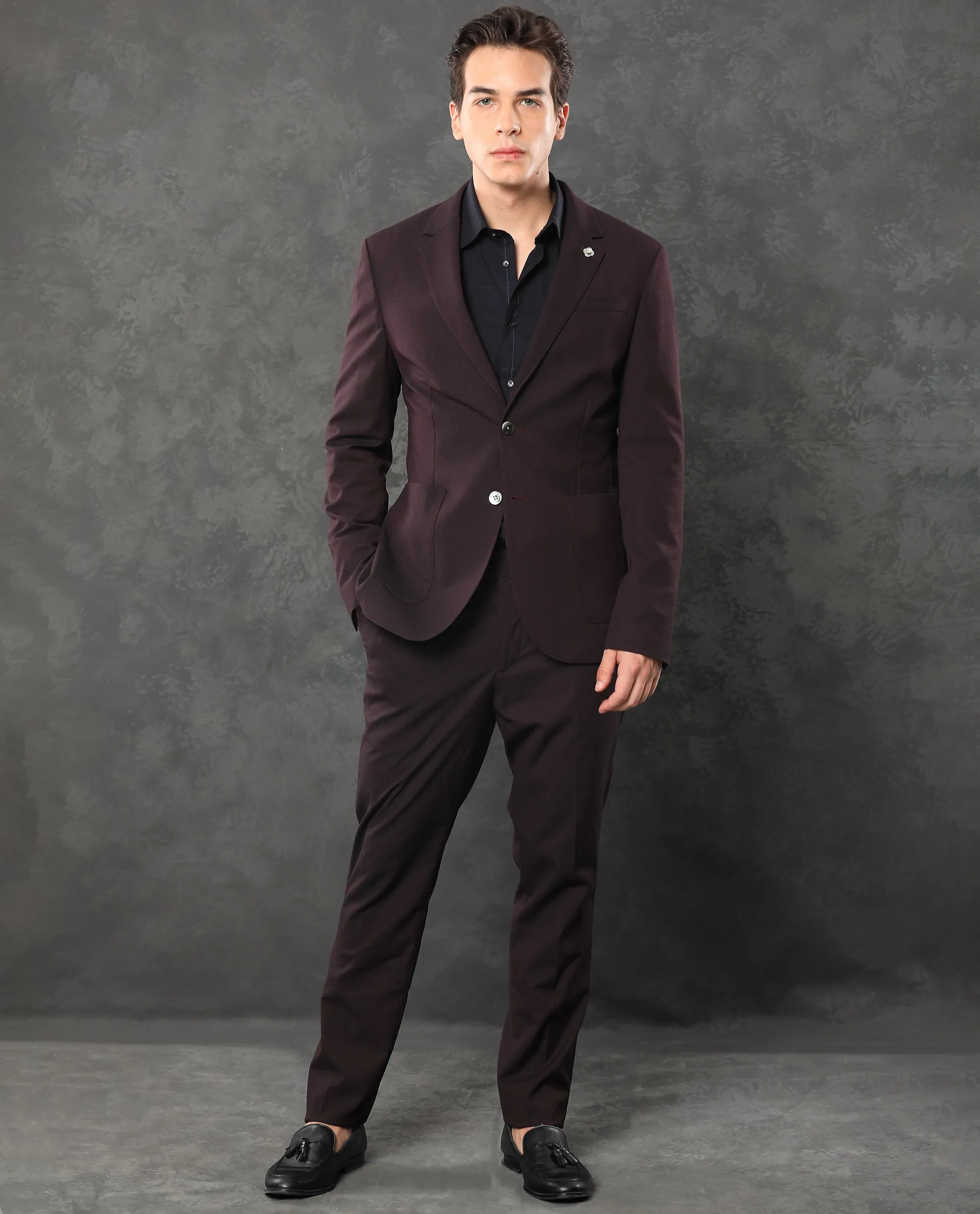 Rare Rabbit Men's Zanza Maroon Polyester Viscose Fabric Notch Lapel Button Closure Single Breasted Textured Suits