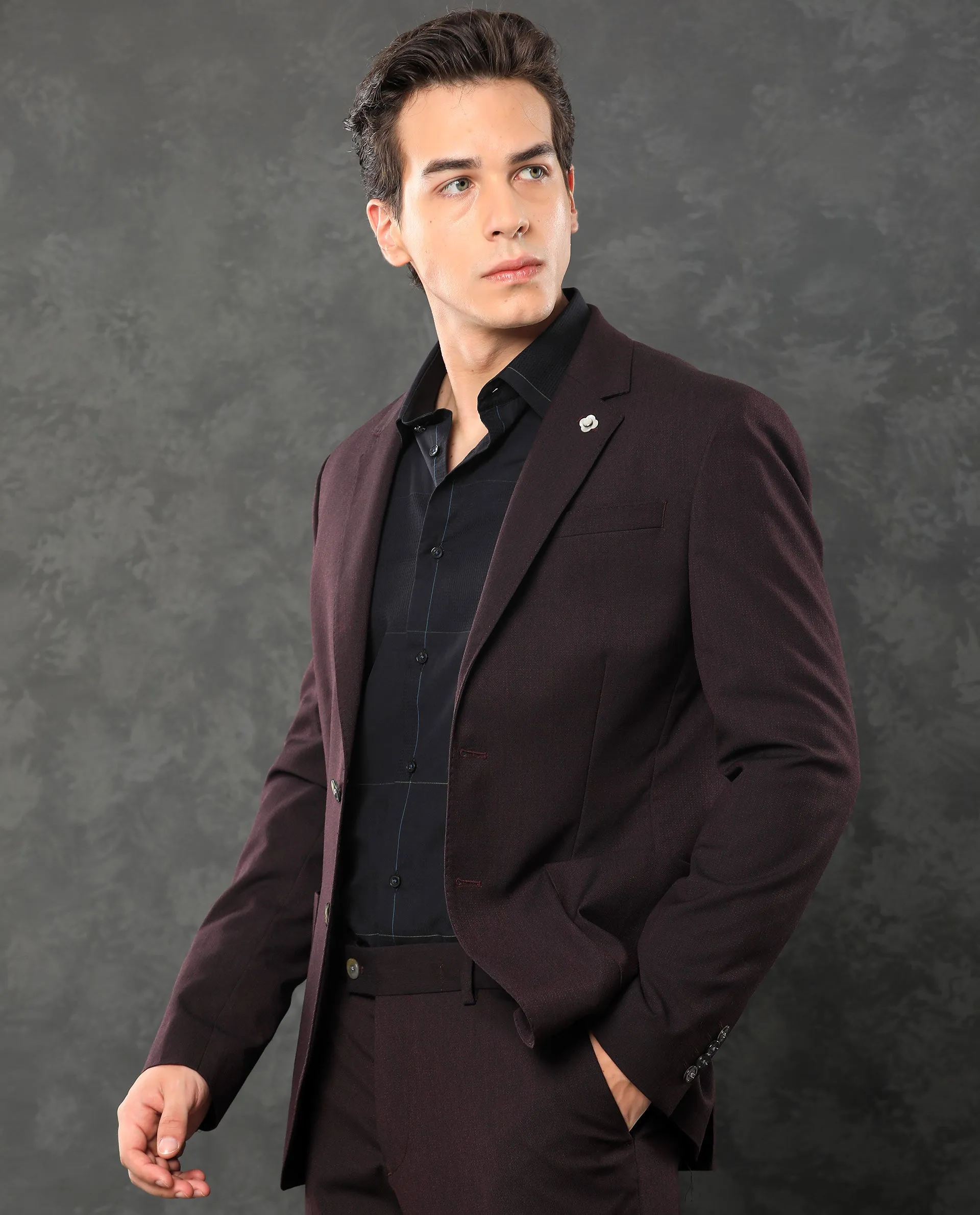 Rare Rabbit Men's Zanza Maroon Polyester Viscose Fabric Notch Lapel Button Closure Single Breasted Textured Suits