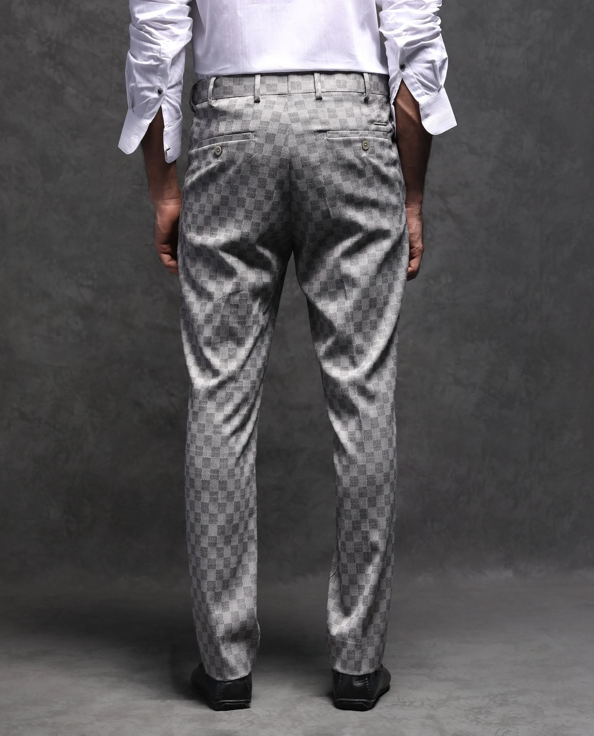 Rare Rabbit Men's Zeta Grey Polyester Viscose Fabric Notch Lapel Button Closure Single Breasted Jacquard Checks Suits