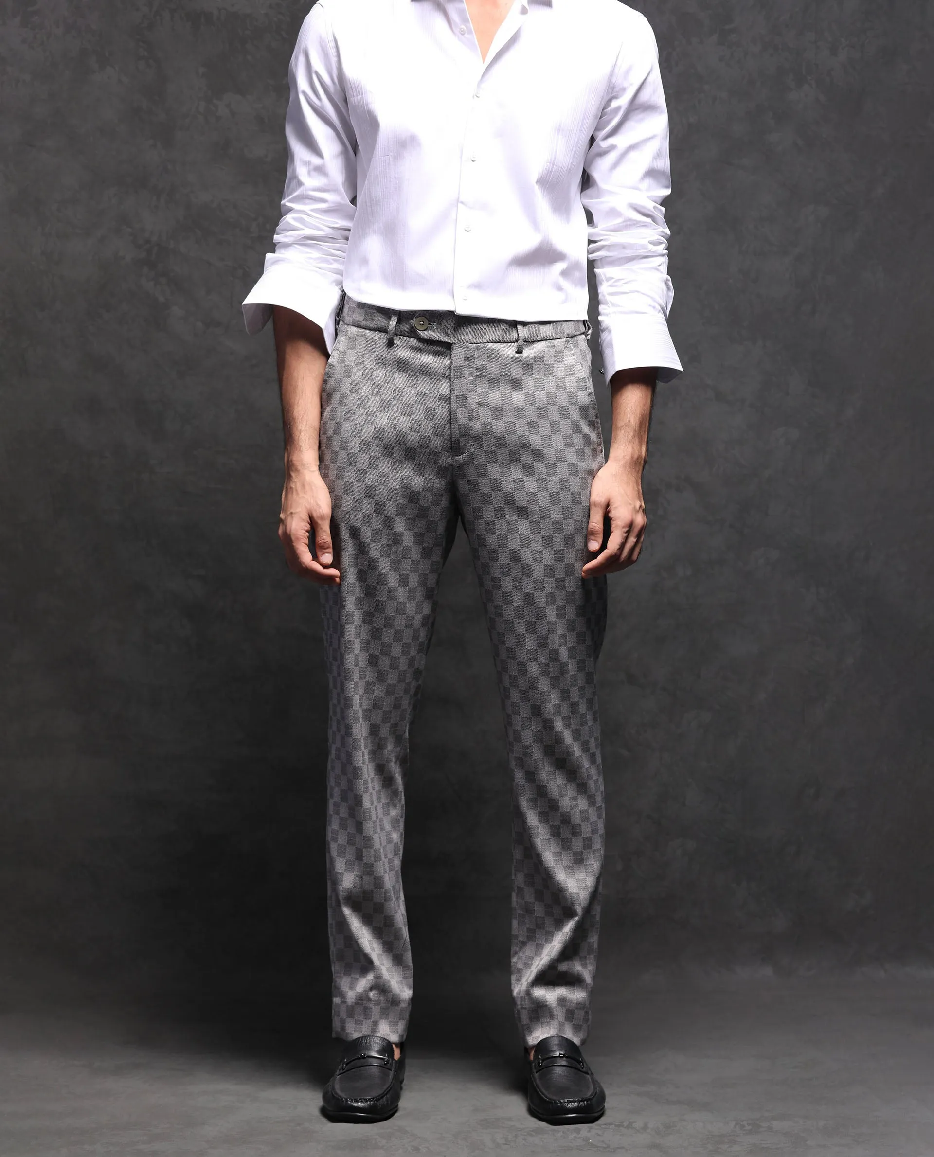 Rare Rabbit Men's Zeta Grey Polyester Viscose Fabric Notch Lapel Button Closure Single Breasted Jacquard Checks Suits