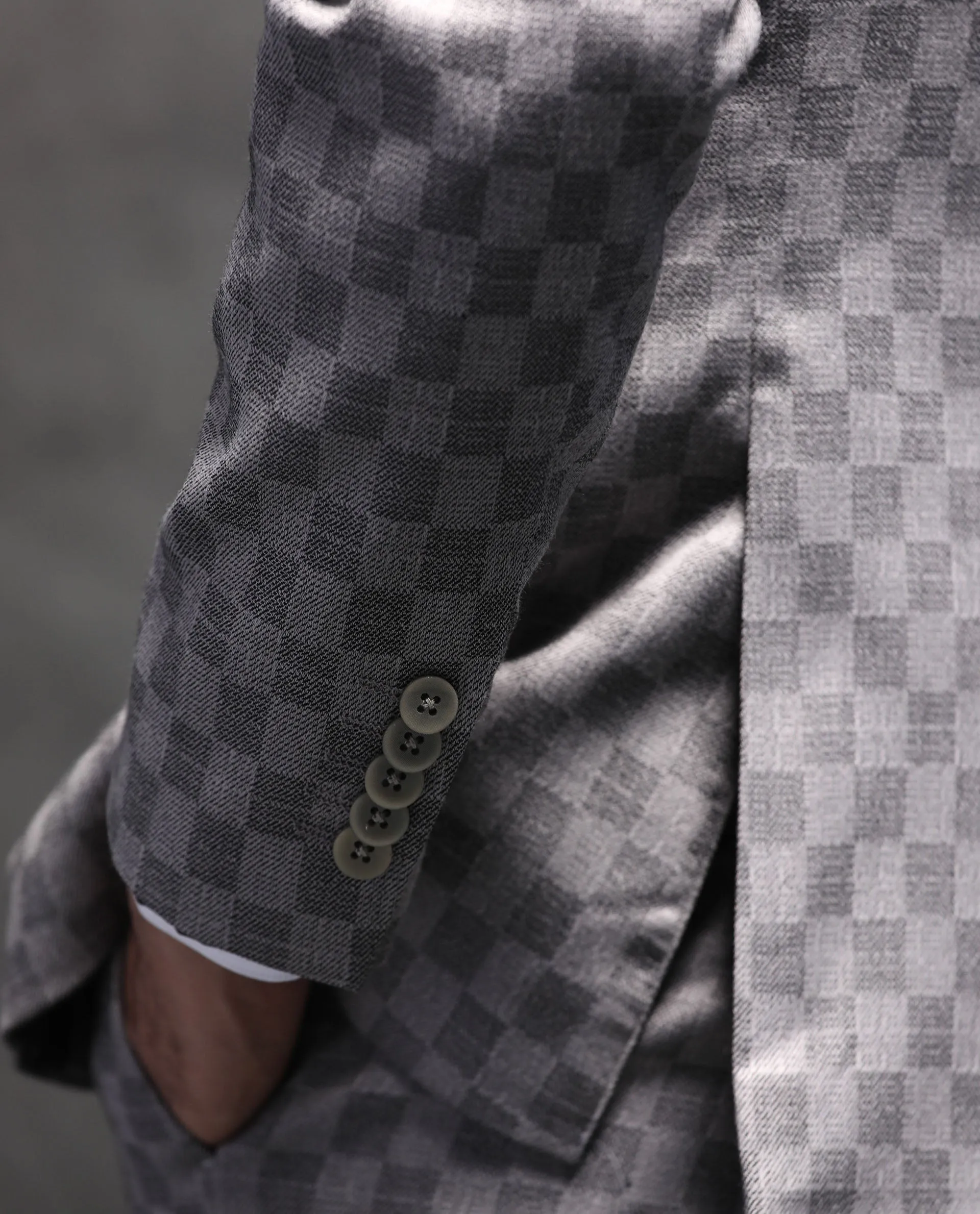 Rare Rabbit Men's Zeta Grey Polyester Viscose Fabric Notch Lapel Button Closure Single Breasted Jacquard Checks Suits