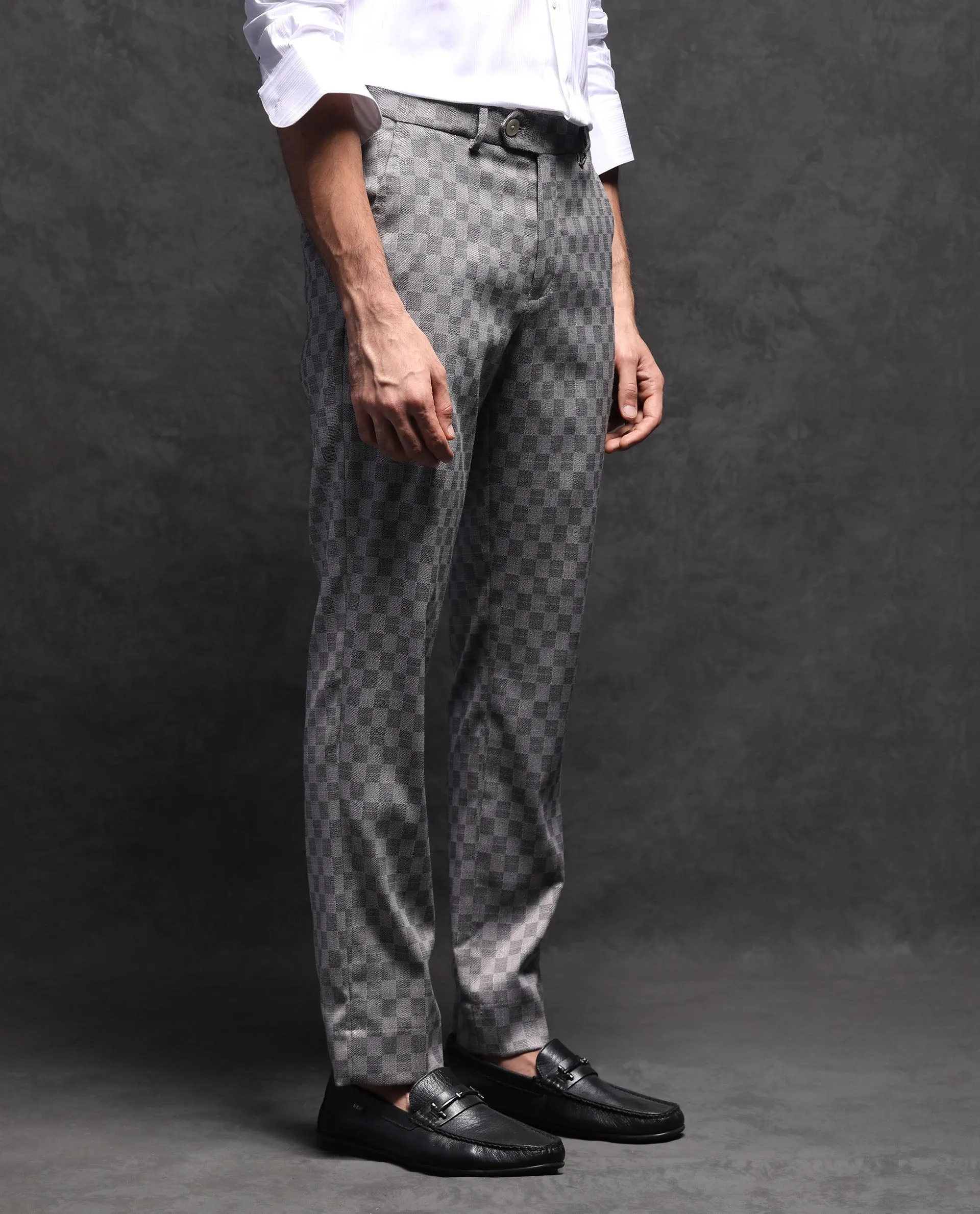 Rare Rabbit Men's Zeta Grey Polyester Viscose Fabric Notch Lapel Button Closure Single Breasted Jacquard Checks Suits