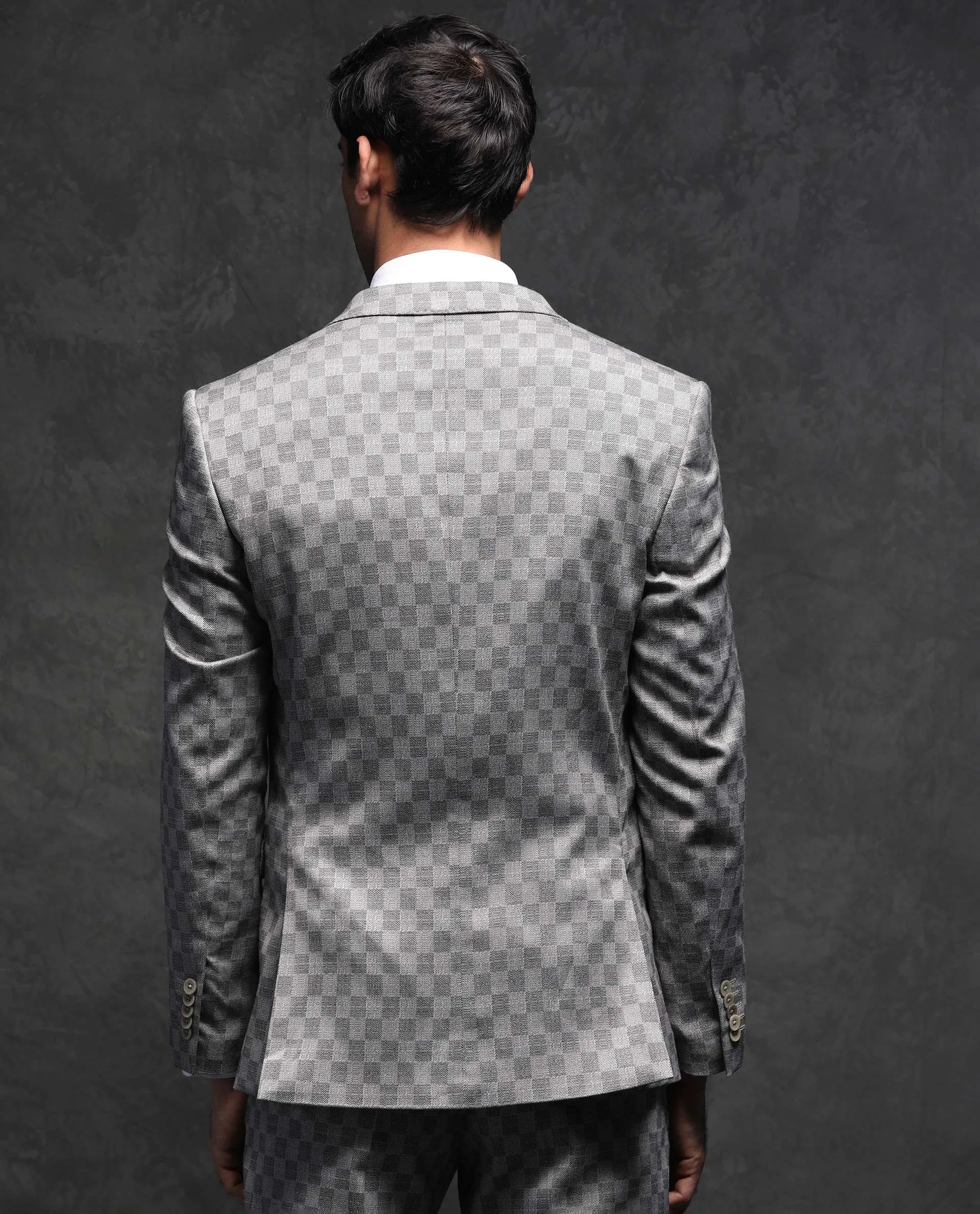 Rare Rabbit Men's Zeta Grey Polyester Viscose Fabric Notch Lapel Button Closure Single Breasted Jacquard Checks Suits