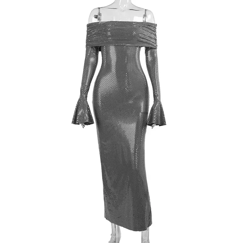 Sexy Hot Prom One-line Neck Long Sleeve Bell Sleeve Maxi Spring Dress