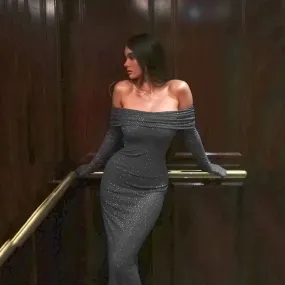 Sexy Hot Prom One-line Neck Long Sleeve Bell Sleeve Maxi Spring Dress
