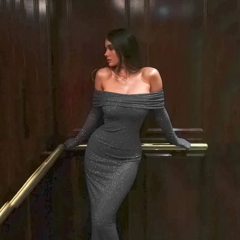 Sexy Hot Prom One-line Neck Long Sleeve Bell Sleeve Maxi Spring Dress