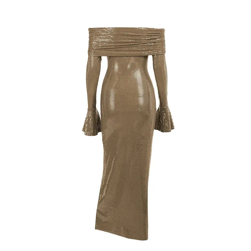 Sexy Hot Prom One-line Neck Long Sleeve Bell Sleeve Maxi Spring Dress