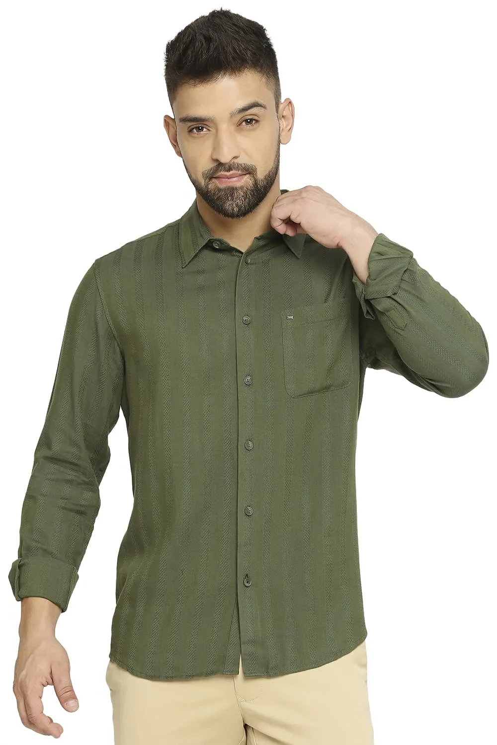 Slim Fit Cotton Viscose Dobby Stripe Shirt