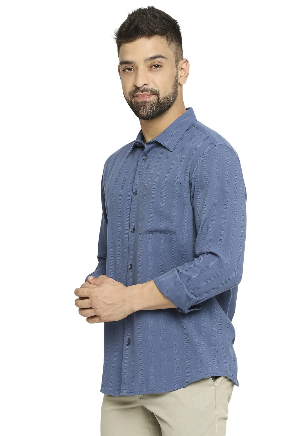 Slim Fit Cotton Viscose Dobby Stripe Shirt