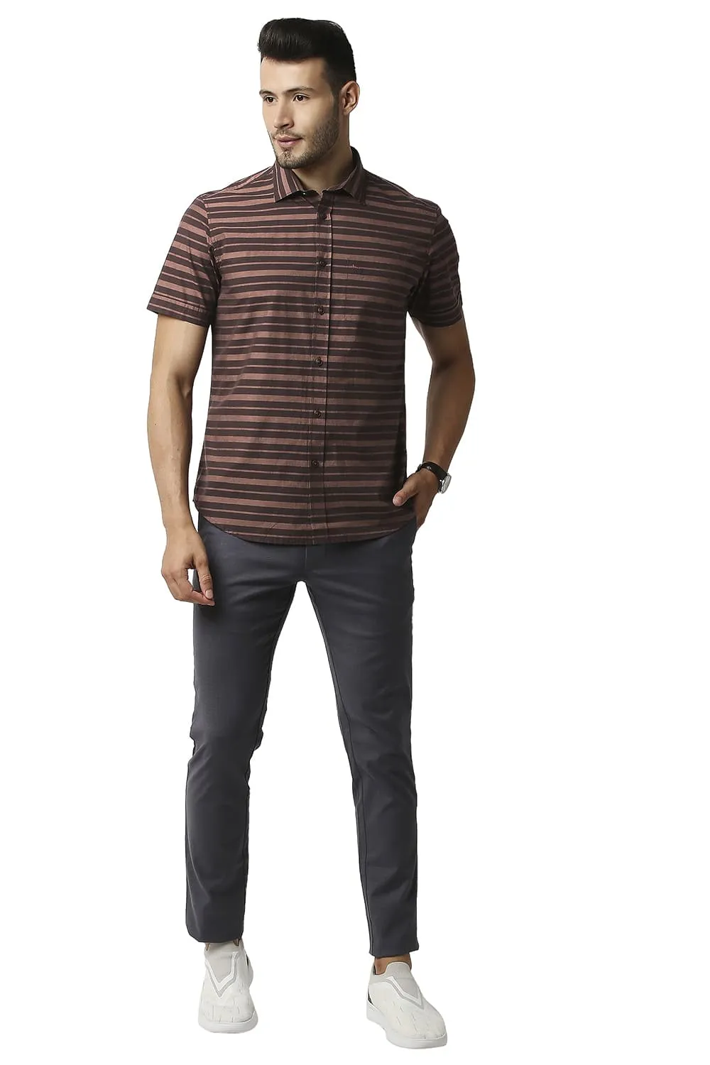 Slim Fit Weft Stripe Halfsleeves Shirt
