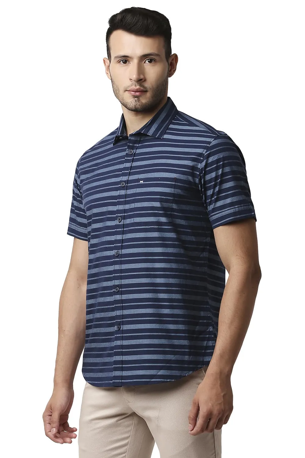 Slim Fit Weft Stripe Halfsleeves Shirt