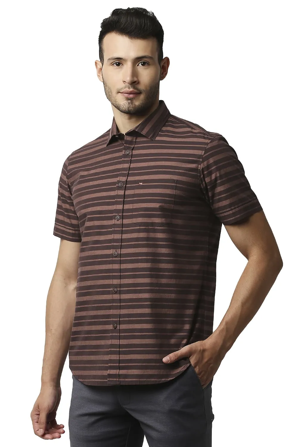 Slim Fit Weft Stripe Halfsleeves Shirt