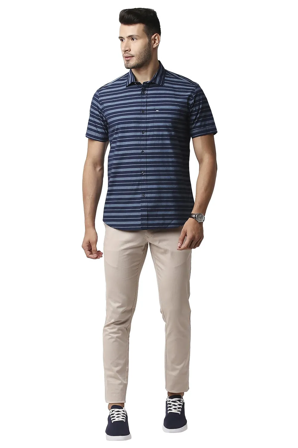Slim Fit Weft Stripe Halfsleeves Shirt