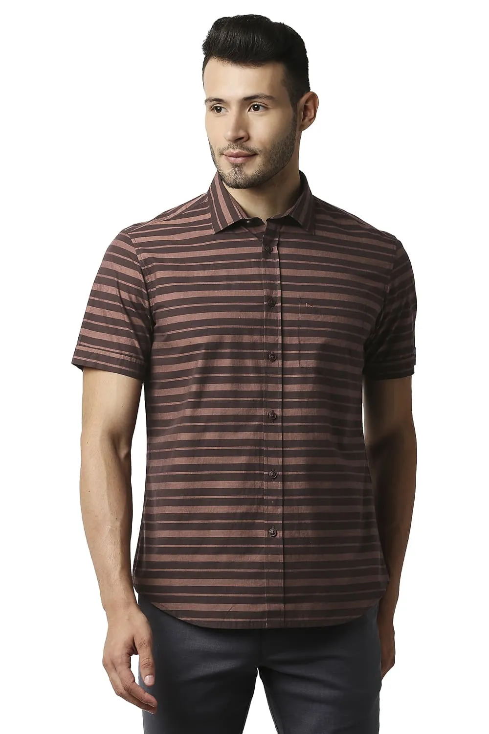 Slim Fit Weft Stripe Halfsleeves Shirt