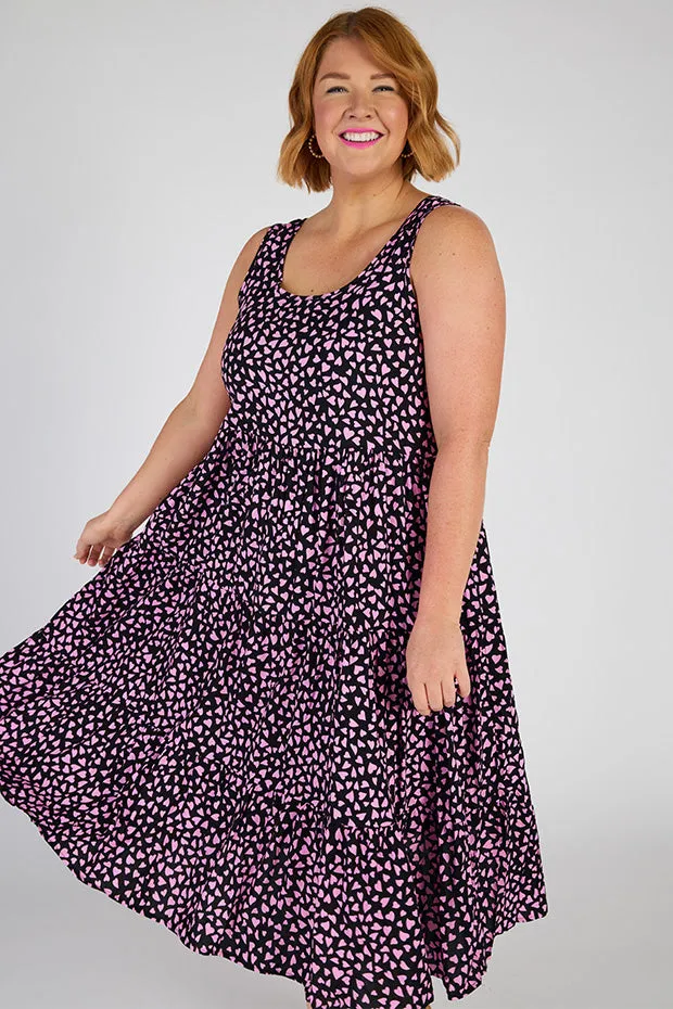 Teagan Abstract Hearts Black Pink Sleeveless Dress