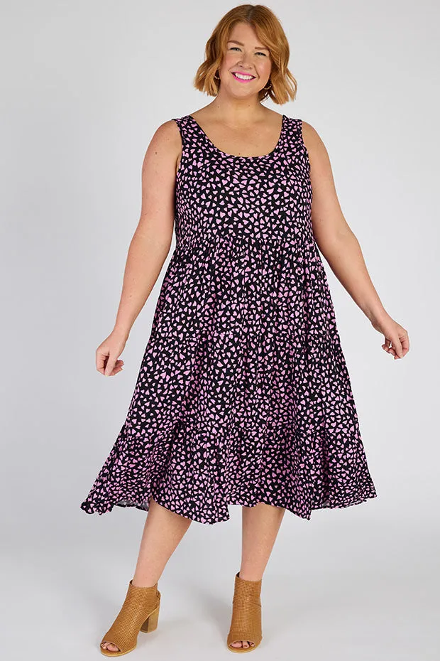 Teagan Abstract Hearts Black Pink Sleeveless Dress