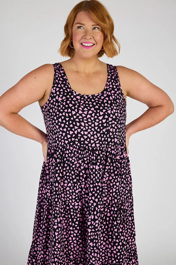 Teagan Abstract Hearts Black Pink Sleeveless Dress