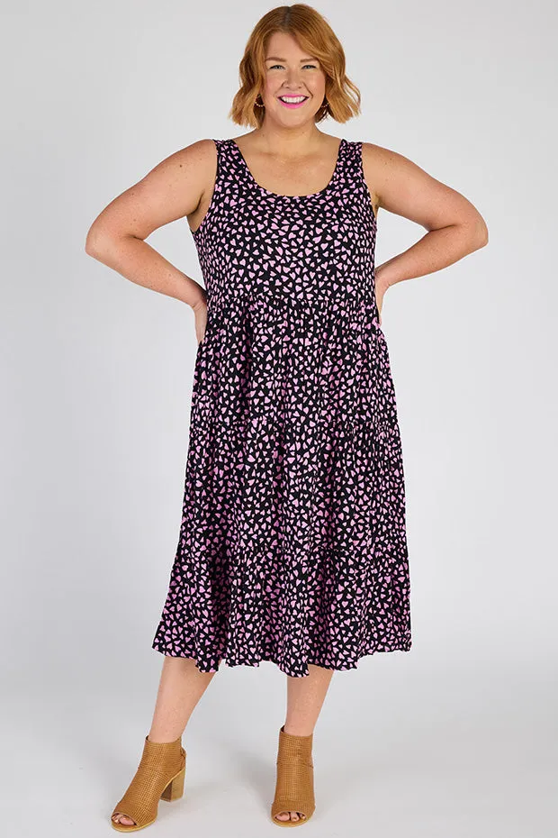Teagan Abstract Hearts Black Pink Sleeveless Dress