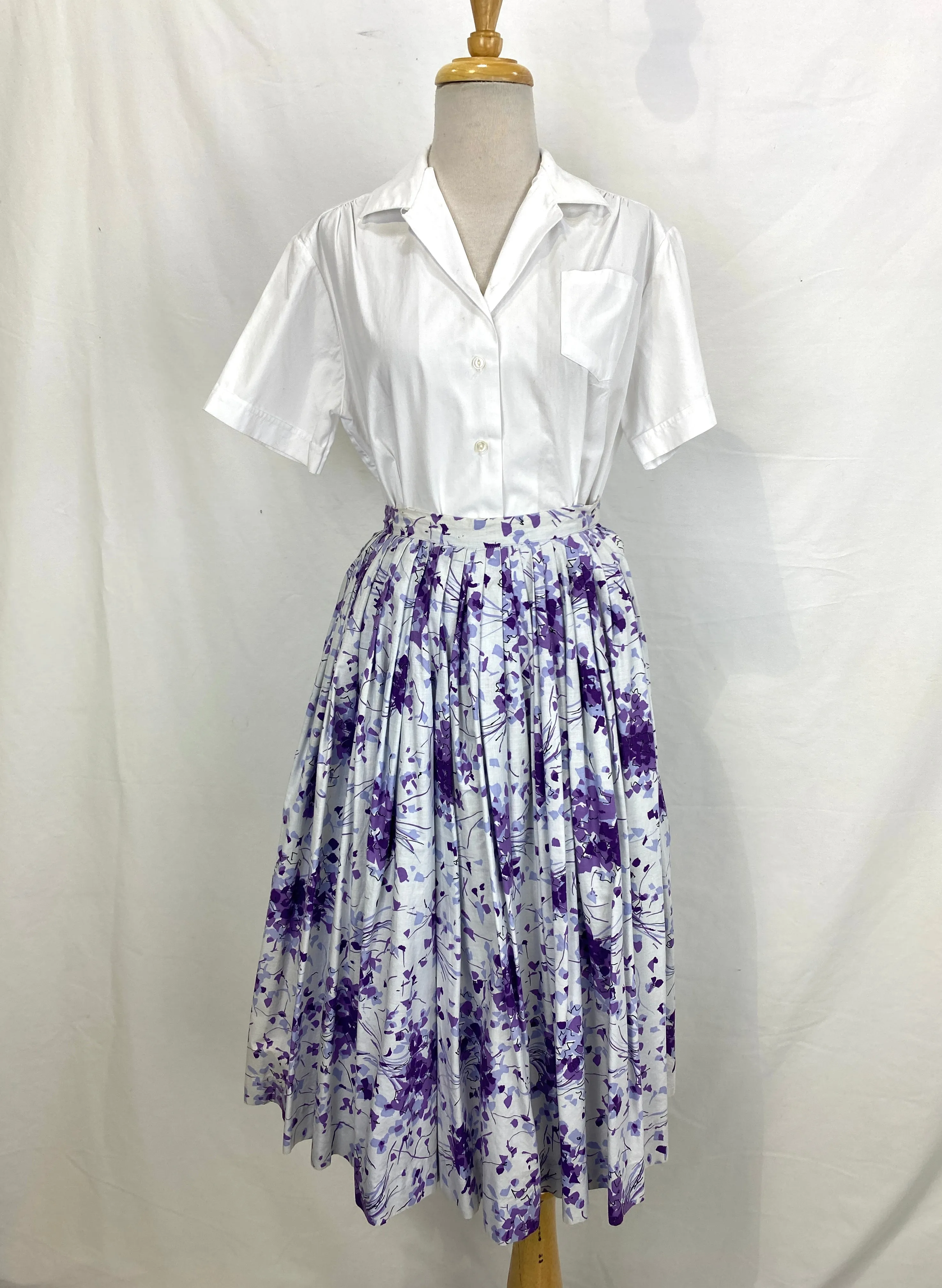 Vintage 1950s Purple Cotton Print Skirt, Alex Colman, XS