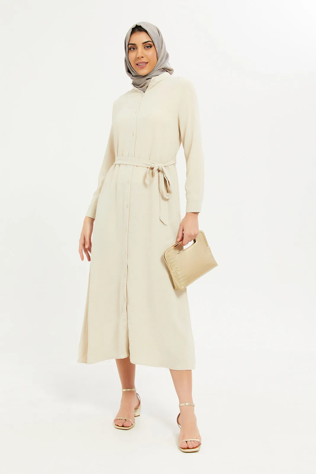Women Beige Belted Maxi Dress