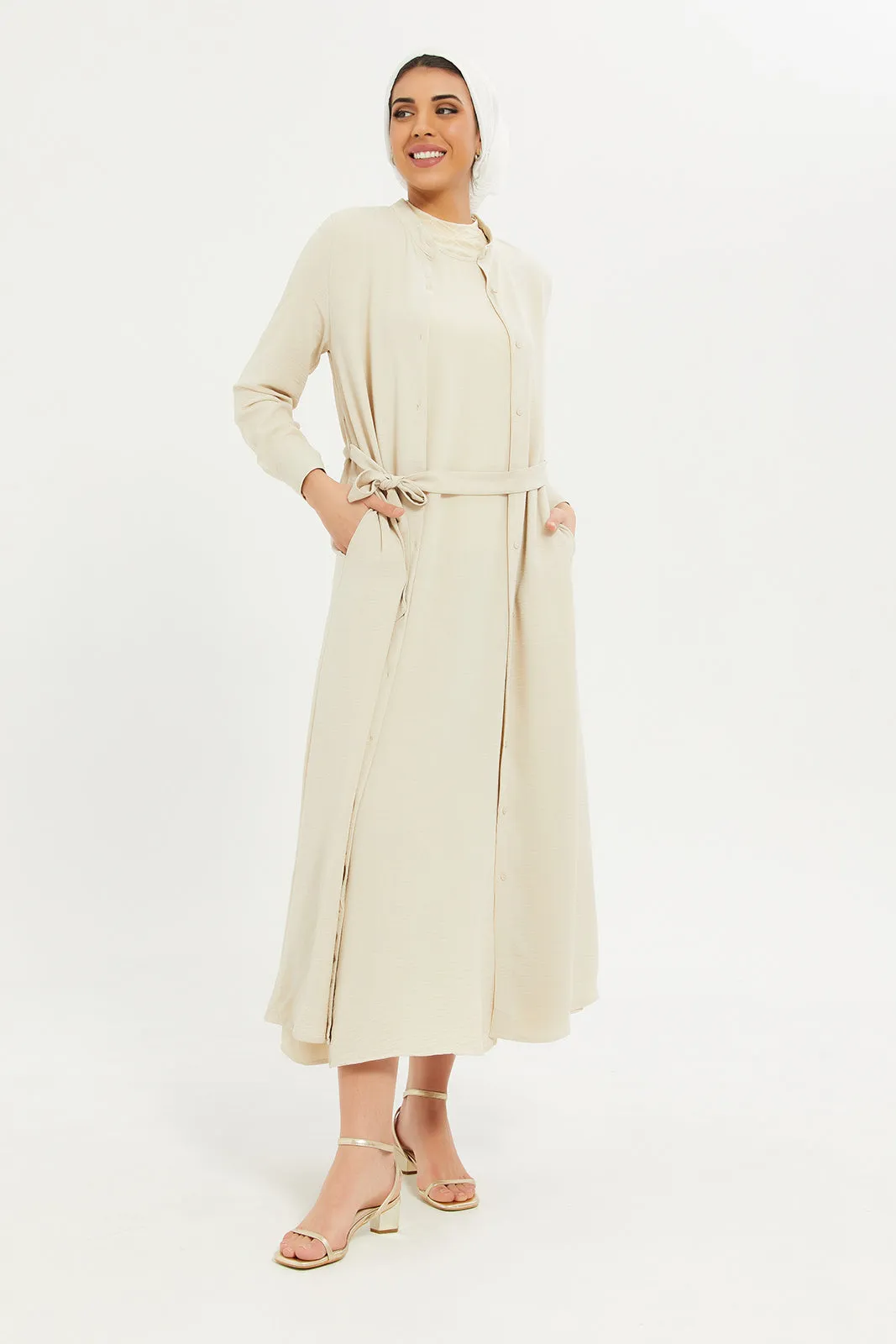 Women Beige Belted Maxi Dress