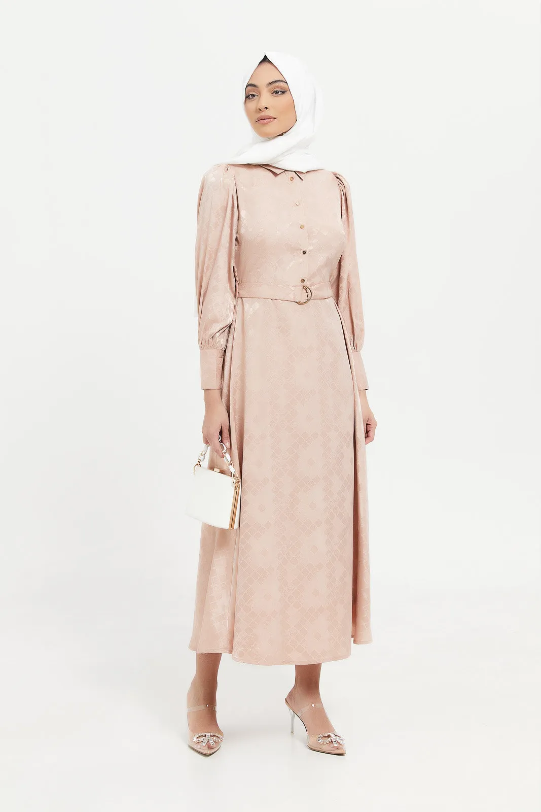 Women Beige Jacquard Maxi Dress