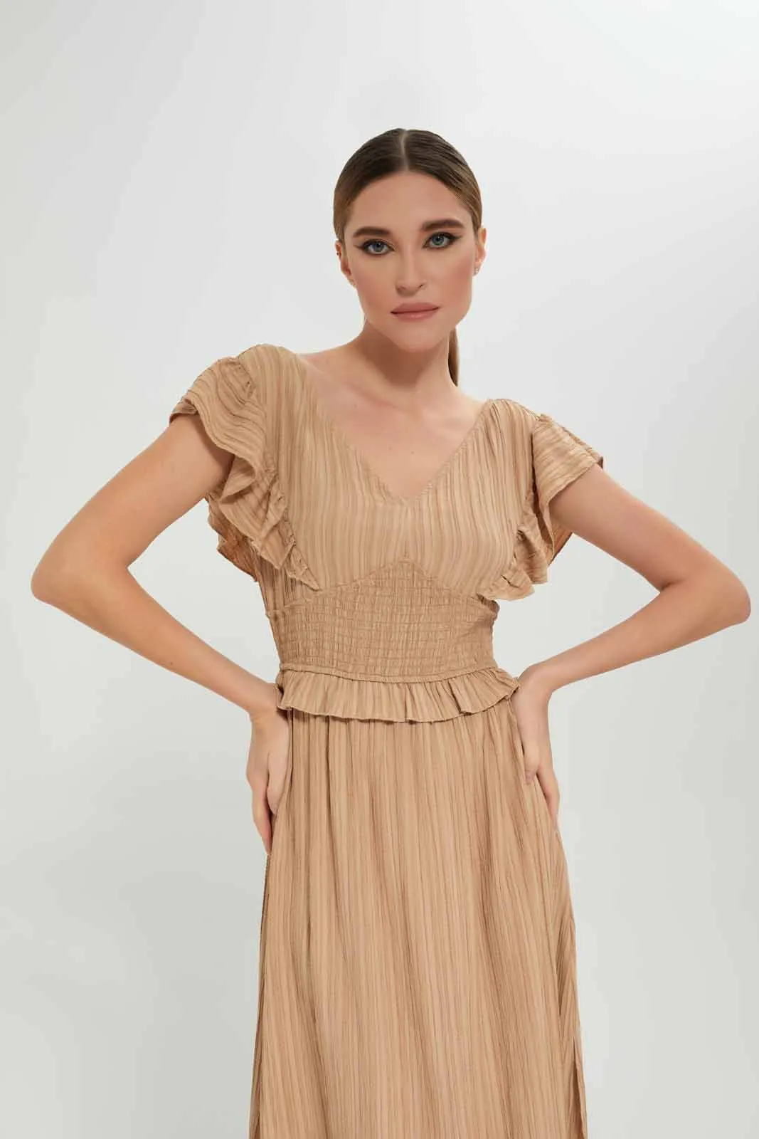 Women Beige Ruffled Dress
